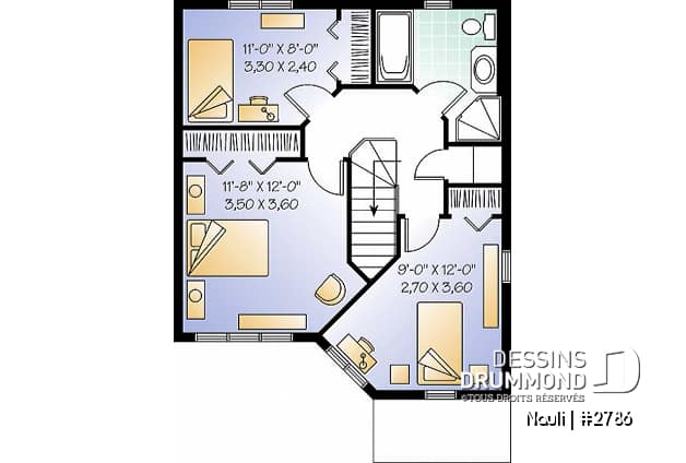 Étage - Plan de maison abordable à étage, cuisine avec comptoir-lunch, 3 chambres, plancher à aire ouverte - Nauli