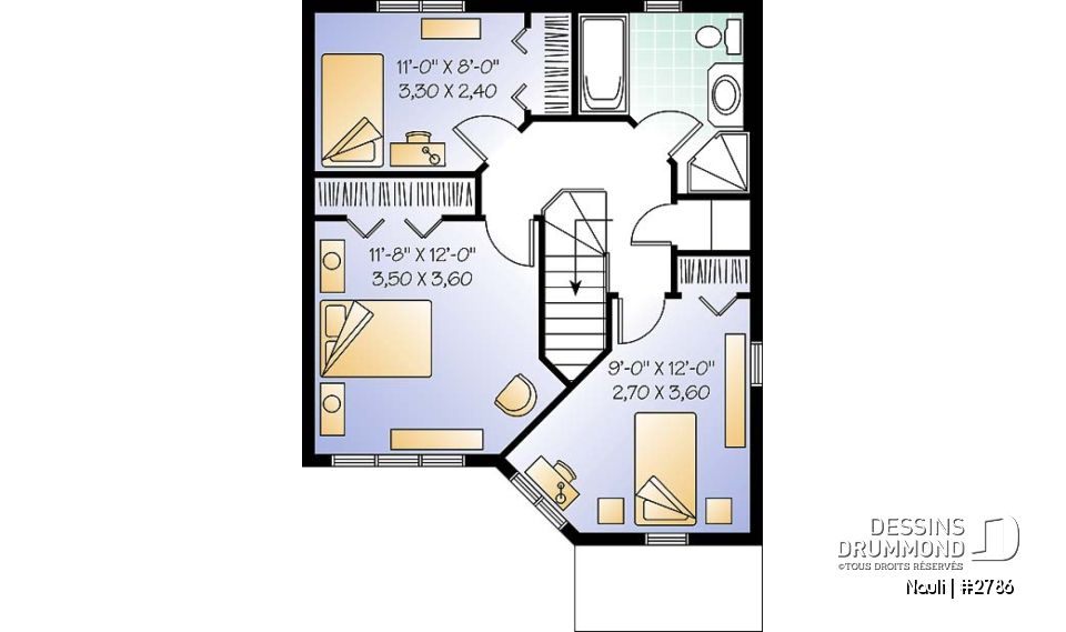 Étage - Plan de maison abordable à étage, cuisine avec comptoir-lunch, 3 chambres, plancher à aire ouverte - Nauli