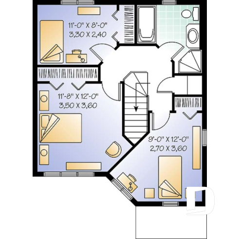 Étage - Plan de maison abordable à étage, cuisine avec comptoir-lunch, 3 chambres, plancher à aire ouverte - Nauli