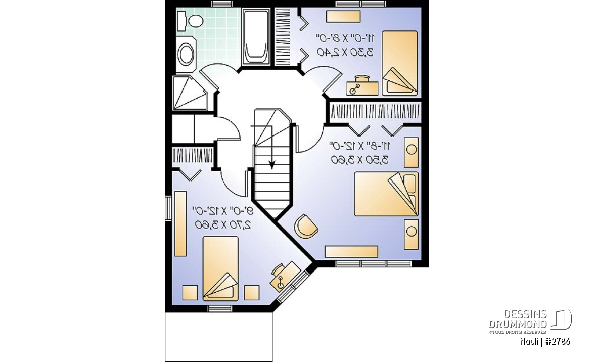 Étage - Plan de maison abordable à étage, cuisine avec comptoir-lunch, 3 chambres, plancher à aire ouverte - Nauli