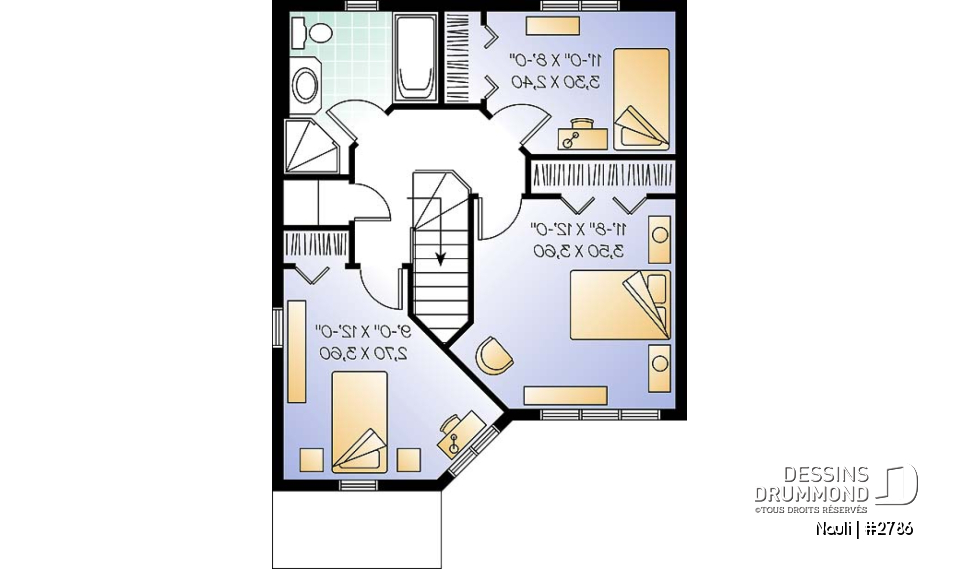 Étage - Plan de maison abordable à étage, cuisine avec comptoir-lunch, 3 chambres, plancher à aire ouverte - Nauli