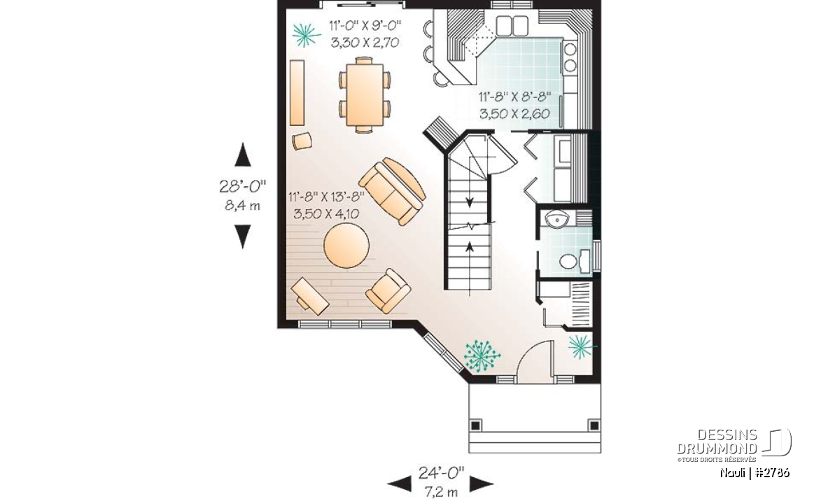 Rez-de-chaussée - Plan de maison abordable à étage, cuisine avec comptoir-lunch, 3 chambres, plancher à aire ouverte - Nauli