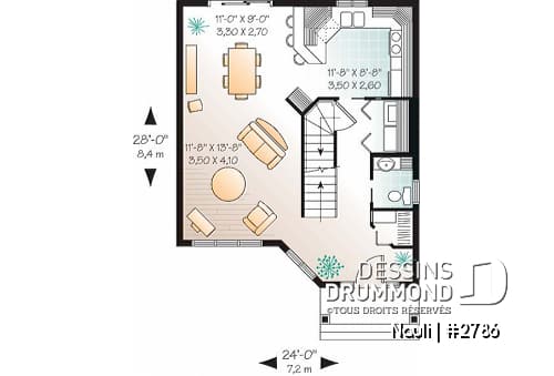 Rez-de-chaussée - Plan de maison abordable à étage, cuisine avec comptoir-lunch, 3 chambres, plancher à aire ouverte - Nauli