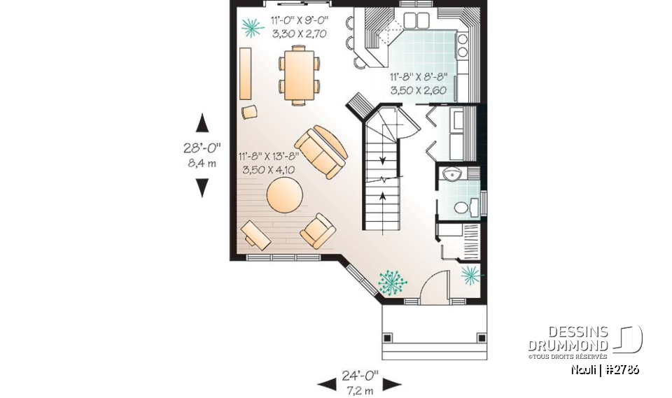 Rez-de-chaussée - Plan de maison abordable à étage, cuisine avec comptoir-lunch, 3 chambres, plancher à aire ouverte - Nauli
