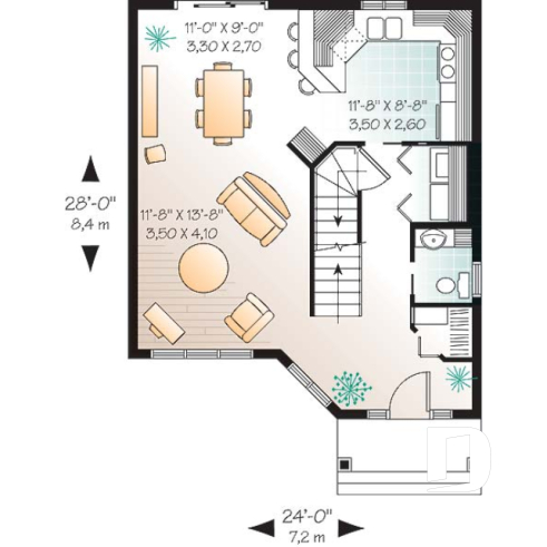 Rez-de-chaussée - Plan de maison abordable à étage, cuisine avec comptoir-lunch, 3 chambres, plancher à aire ouverte - Nauli