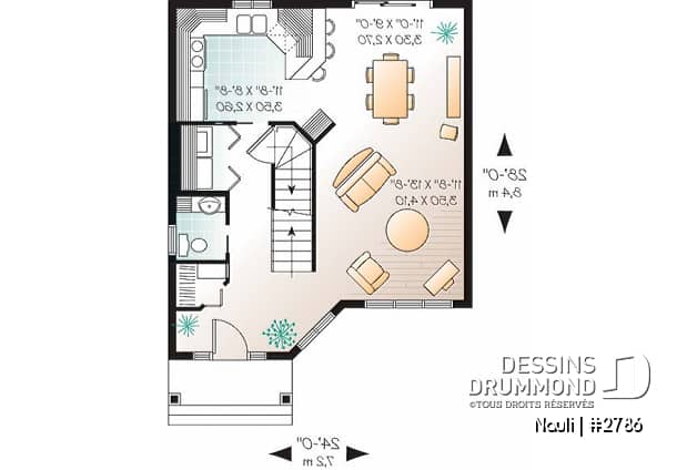 Rez-de-chaussée - Plan de maison abordable à étage, cuisine avec comptoir-lunch, 3 chambres, plancher à aire ouverte - Nauli