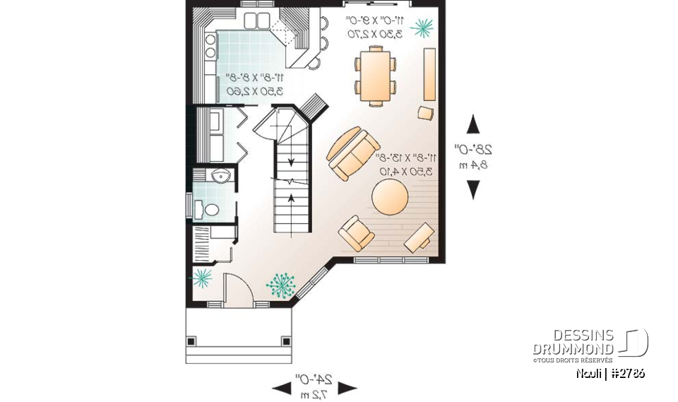 Rez-de-chaussée - Plan de maison abordable à étage, cuisine avec comptoir-lunch, 3 chambres, plancher à aire ouverte - Nauli