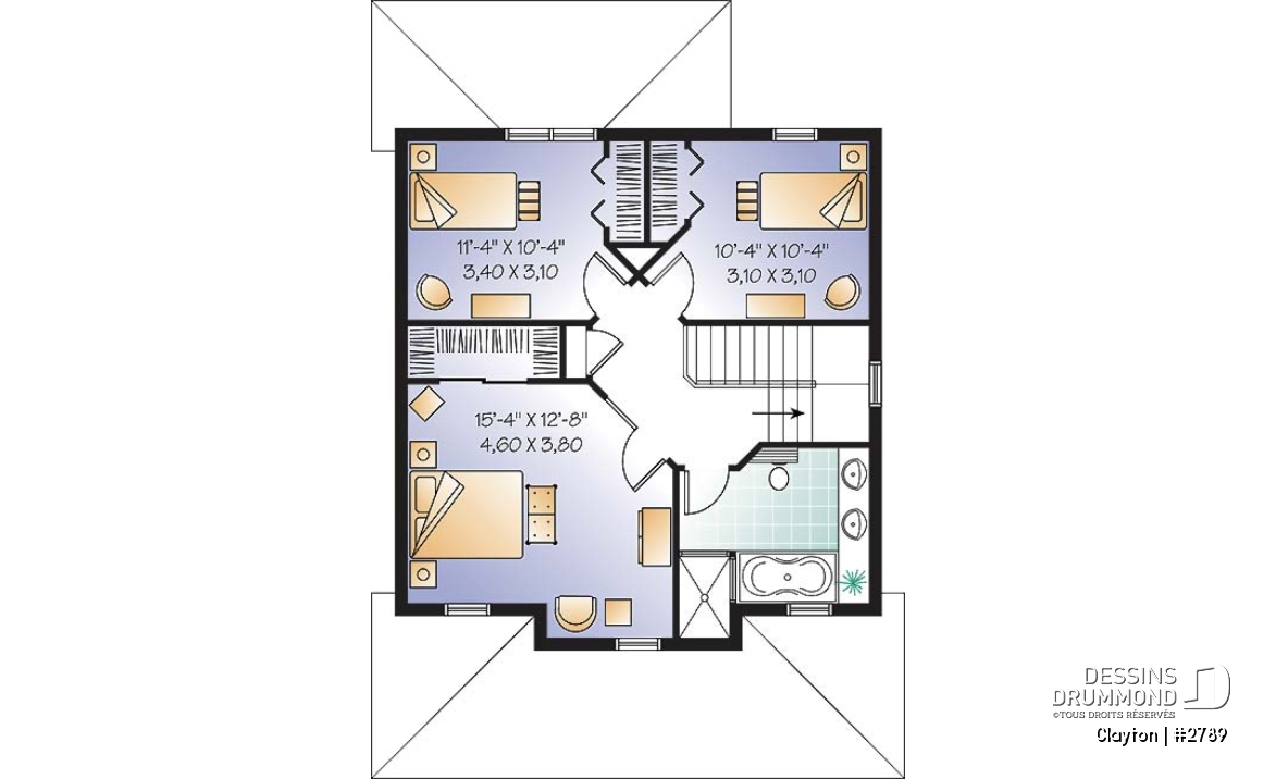 Étage - Plan de Modèle champêtre 2 étages avec 3 chambres et rez-de-chaussée à air ouverte - Clayton