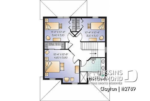 Étage - Plan de Modèle champêtre 2 étages avec 3 chambres et rez-de-chaussée à air ouverte - Clayton