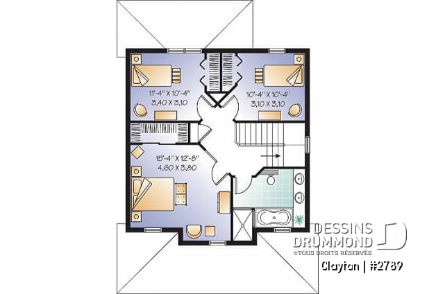 Étage - Plan de Modèle champêtre 2 étages avec 3 chambres et rez-de-chaussée à air ouverte - Clayton