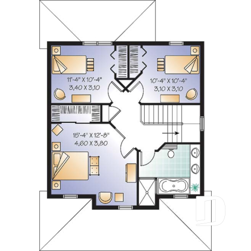 Étage - Plan de Modèle champêtre 2 étages avec 3 chambres et rez-de-chaussée à air ouverte - Clayton
