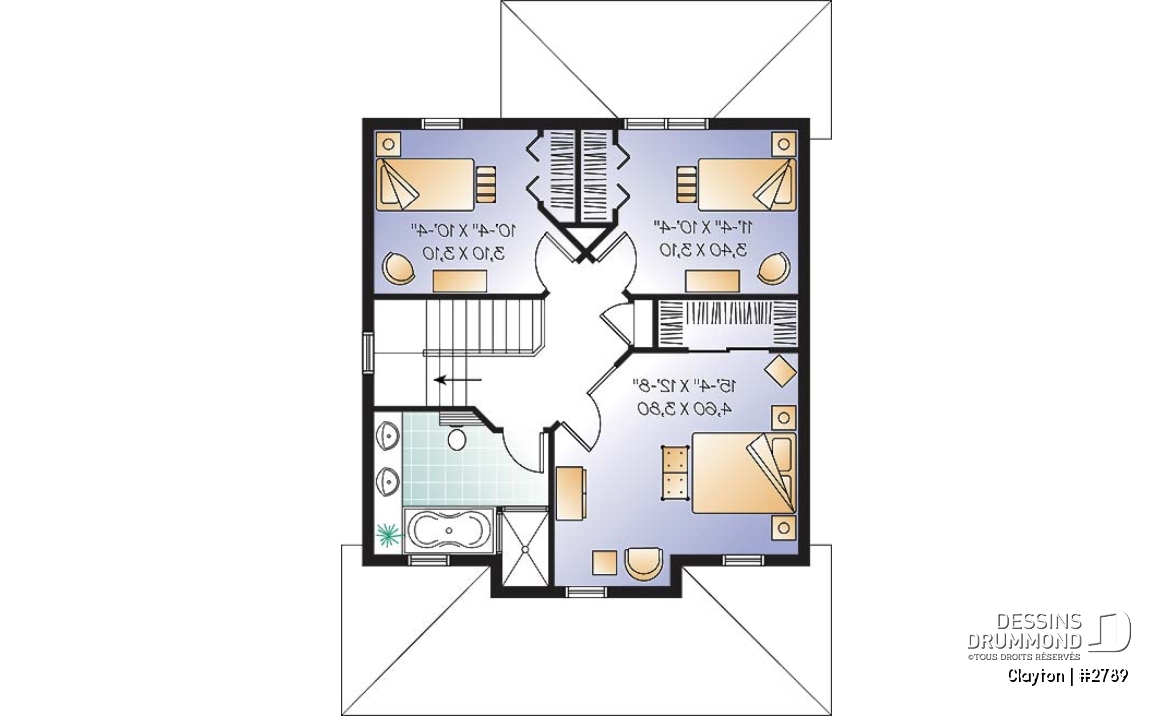 Étage - Plan de Modèle champêtre 2 étages avec 3 chambres et rez-de-chaussée à air ouverte - Clayton