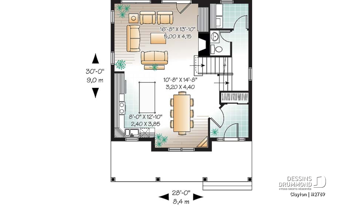 Rez-de-chaussée - Plan de Modèle champêtre 2 étages avec 3 chambres et rez-de-chaussée à air ouverte - Clayton