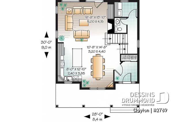 Rez-de-chaussée - Plan de Modèle champêtre 2 étages avec 3 chambres et rez-de-chaussée à air ouverte - Clayton
