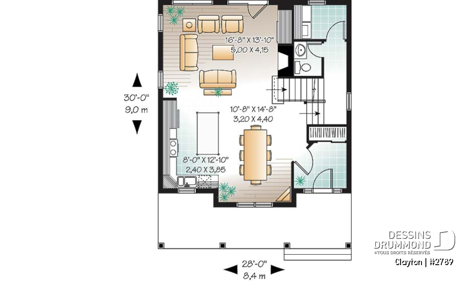 Rez-de-chaussée - Plan de Modèle champêtre 2 étages avec 3 chambres et rez-de-chaussée à air ouverte - Clayton