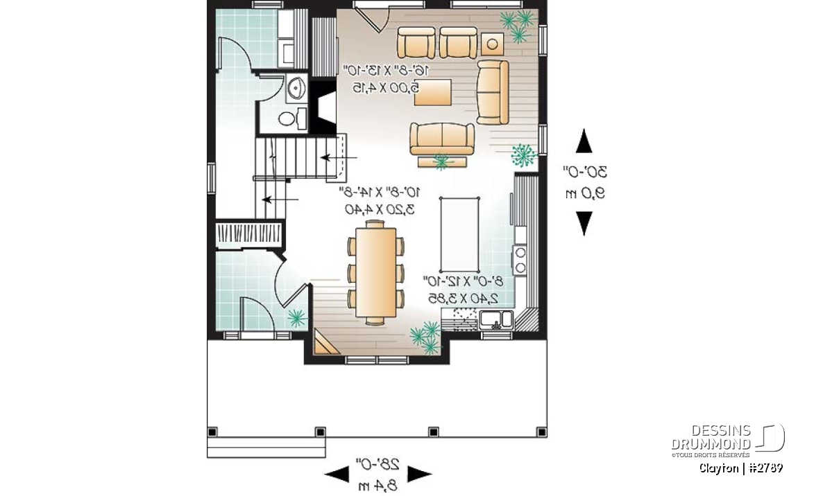 Rez-de-chaussée - Plan de Modèle champêtre 2 étages avec 3 chambres et rez-de-chaussée à air ouverte - Clayton