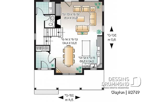 Rez-de-chaussée - Plan de Modèle champêtre 2 étages avec 3 chambres et rez-de-chaussée à air ouverte - Clayton
