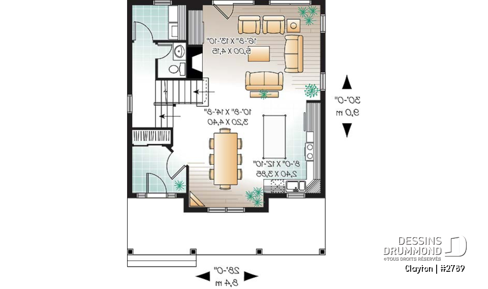 Rez-de-chaussée - Plan de Modèle champêtre 2 étages avec 3 chambres et rez-de-chaussée à air ouverte - Clayton