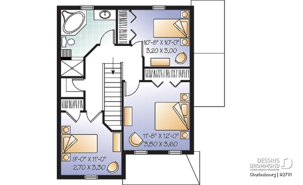 Étage - Plan de maison champêtre, 3 chambres, salle de lavage au rez-de-chaussée, sous-sol non fini - Charlesbourg
