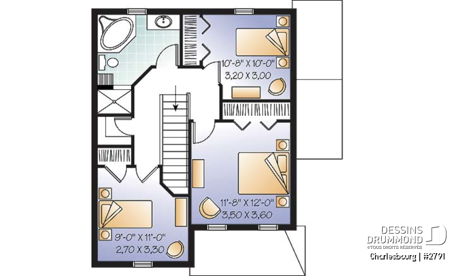 Étage - Plan de maison champêtre, 3 chambres, salle de lavage au rez-de-chaussée, sous-sol non fini - Charlesbourg