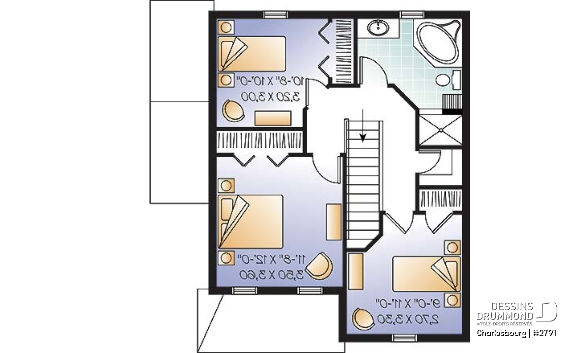 Étage - Plan de maison champêtre, 3 chambres, salle de lavage au rez-de-chaussée, sous-sol non fini - Charlesbourg