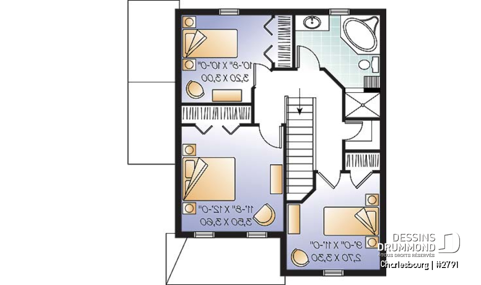 Étage - Plan de maison champêtre, 3 chambres, salle de lavage au rez-de-chaussée, sous-sol non fini - Charlesbourg