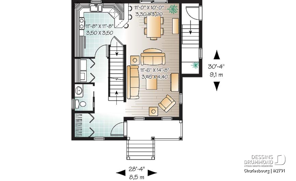 Rez-de-chaussée - Plan de maison champêtre, 3 chambres, salle de lavage au rez-de-chaussée, sous-sol non fini - Charlesbourg