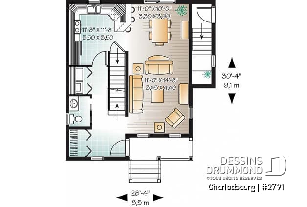 Rez-de-chaussée - Plan de maison champêtre, 3 chambres, salle de lavage au rez-de-chaussée, sous-sol non fini - Charlesbourg
