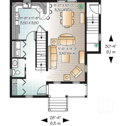 Rez-de-chaussée - Plan de maison champêtre, 3 chambres, salle de lavage au rez-de-chaussée, sous-sol non fini - Charlesbourg