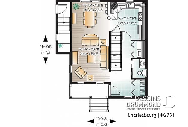 Rez-de-chaussée - Plan de maison champêtre, 3 chambres, salle de lavage au rez-de-chaussée, sous-sol non fini - Charlesbourg