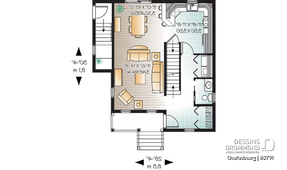 Rez-de-chaussée - Plan de maison champêtre, 3 chambres, salle de lavage au rez-de-chaussée, sous-sol non fini - Charlesbourg