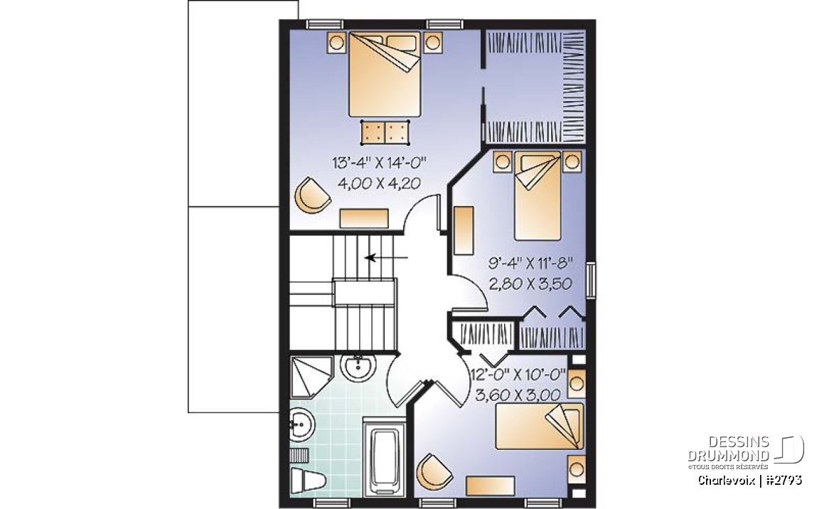 Étage - Plan de maison de style cottage champêtre, 3 chambres, îlot à la cuisine, salle de lavage au rez-de-chaussée - Charlevoix