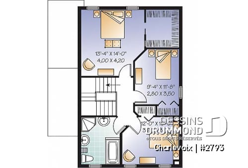 Étage - Plan de maison de style cottage champêtre, 3 chambres, îlot à la cuisine, salle de lavage au rez-de-chaussée - Charlevoix