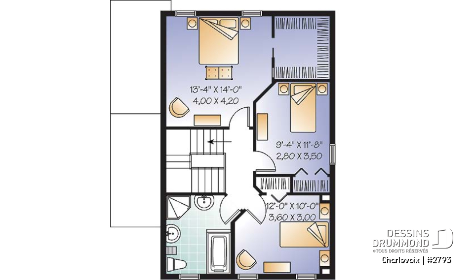 Étage - Plan de maison de style cottage champêtre, 3 chambres, îlot à la cuisine, salle de lavage au rez-de-chaussée - Charlevoix