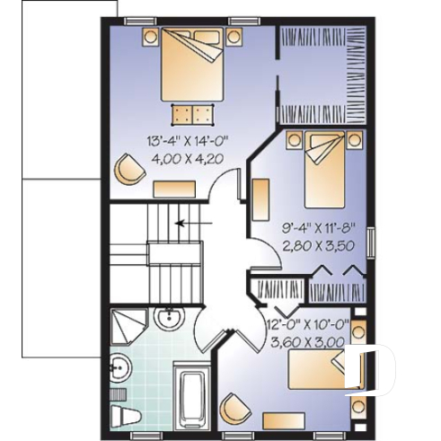 Étage - Plan de maison de style cottage champêtre, 3 chambres, îlot à la cuisine, salle de lavage au rez-de-chaussée - Charlevoix