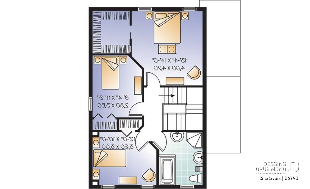 Étage - Plan de maison de style cottage champêtre, 3 chambres, îlot à la cuisine, salle de lavage au rez-de-chaussée - Charlevoix