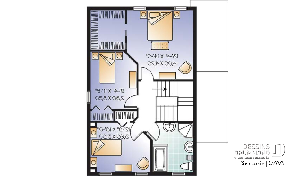 Étage - Plan de maison de style cottage champêtre, 3 chambres, îlot à la cuisine, salle de lavage au rez-de-chaussée - Charlevoix