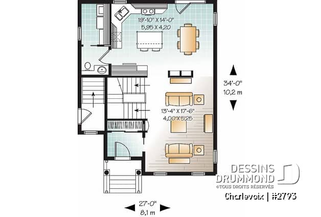 Rez-de-chaussée - Plan de maison de style cottage champêtre, 3 chambres, îlot à la cuisine, salle de lavage au rez-de-chaussée - Charlevoix