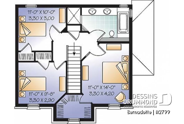 Étage - Plan de maison Européen, sous-sol aménageable, 3 chambres - Bernadotte