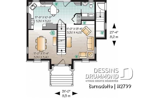 Rez-de-chaussée - Plan de maison Européen, sous-sol aménageable, 3 chambres - Bernadotte