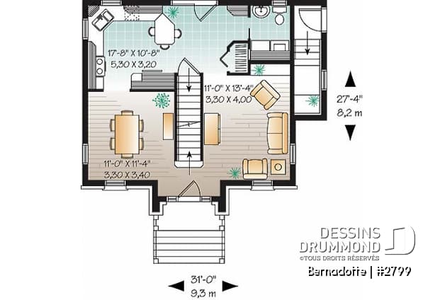 Rez-de-chaussée - Plan de maison Européen, sous-sol aménageable, 3 chambres - Bernadotte