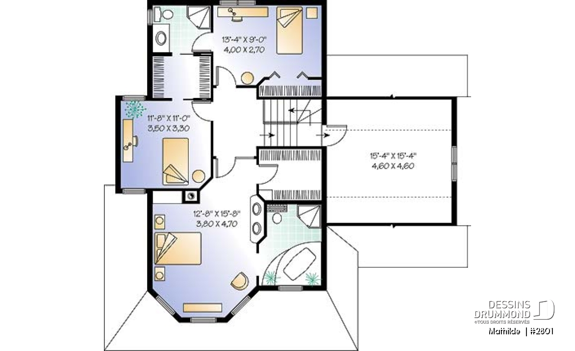 Étage - Plan de maison victorienne 3 chambres, foyer deux faces, garage avec grand espace boni au-dessus  - Mathilde 