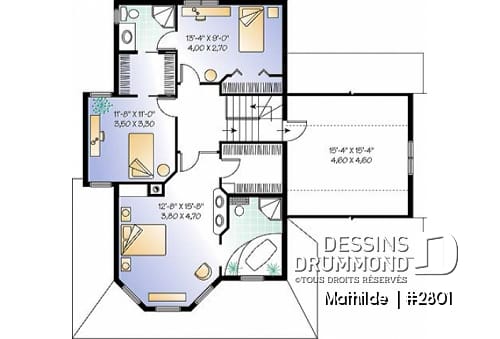 Étage - Plan de maison victorienne 3 chambres, foyer deux faces, garage avec grand espace boni au-dessus  - Mathilde 