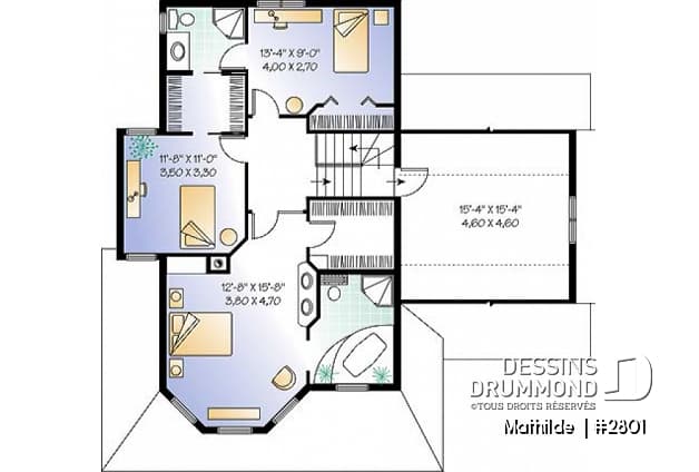 Étage - Plan de maison victorienne 3 chambres, foyer deux faces, garage avec grand espace boni au-dessus  - Mathilde 