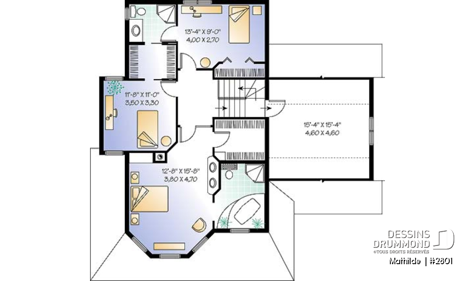 Étage - Plan de maison victorienne 3 chambres, foyer deux faces, garage avec grand espace boni au-dessus  - Mathilde 