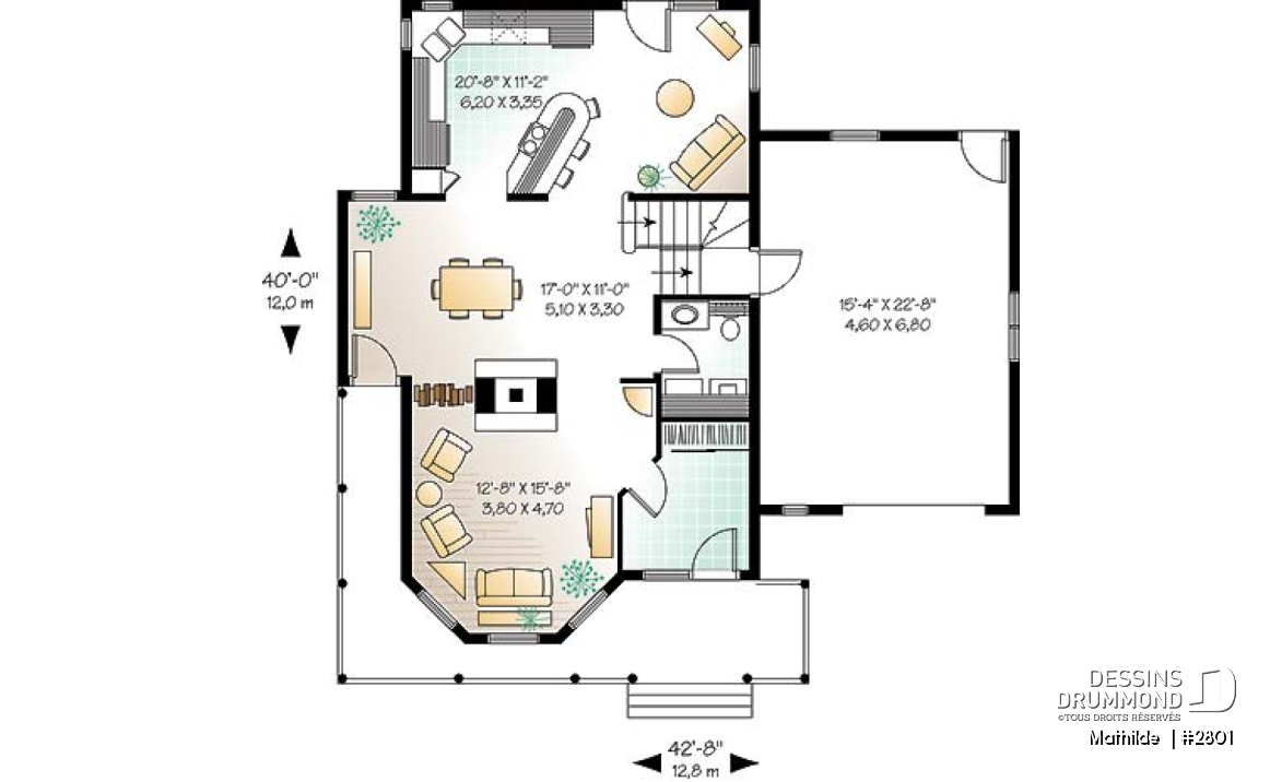 Rez-de-chaussée - Plan de maison victorienne 3 chambres, foyer deux faces, garage avec grand espace boni au-dessus  - Mathilde 