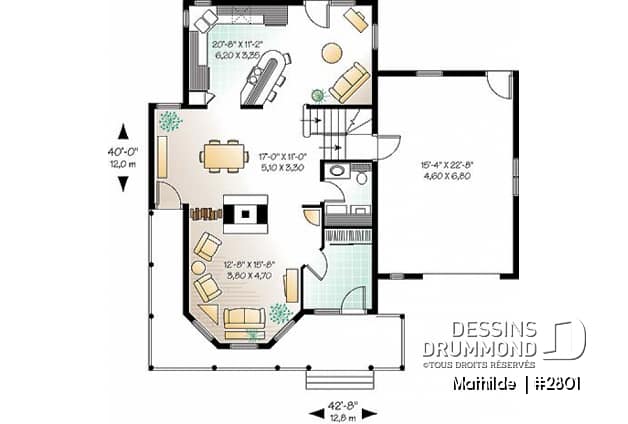 Rez-de-chaussée - Plan de maison victorienne 3 chambres, foyer deux faces, garage avec grand espace boni au-dessus  - Mathilde 