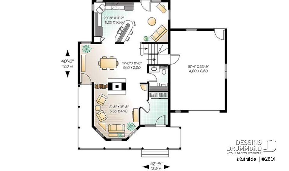 Rez-de-chaussée - Plan de maison victorienne 3 chambres, foyer deux faces, garage avec grand espace boni au-dessus  - Mathilde 