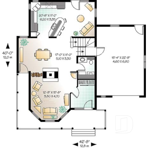 Rez-de-chaussée - Plan de maison victorienne 3 chambres, foyer deux faces, garage avec grand espace boni au-dessus  - Mathilde 