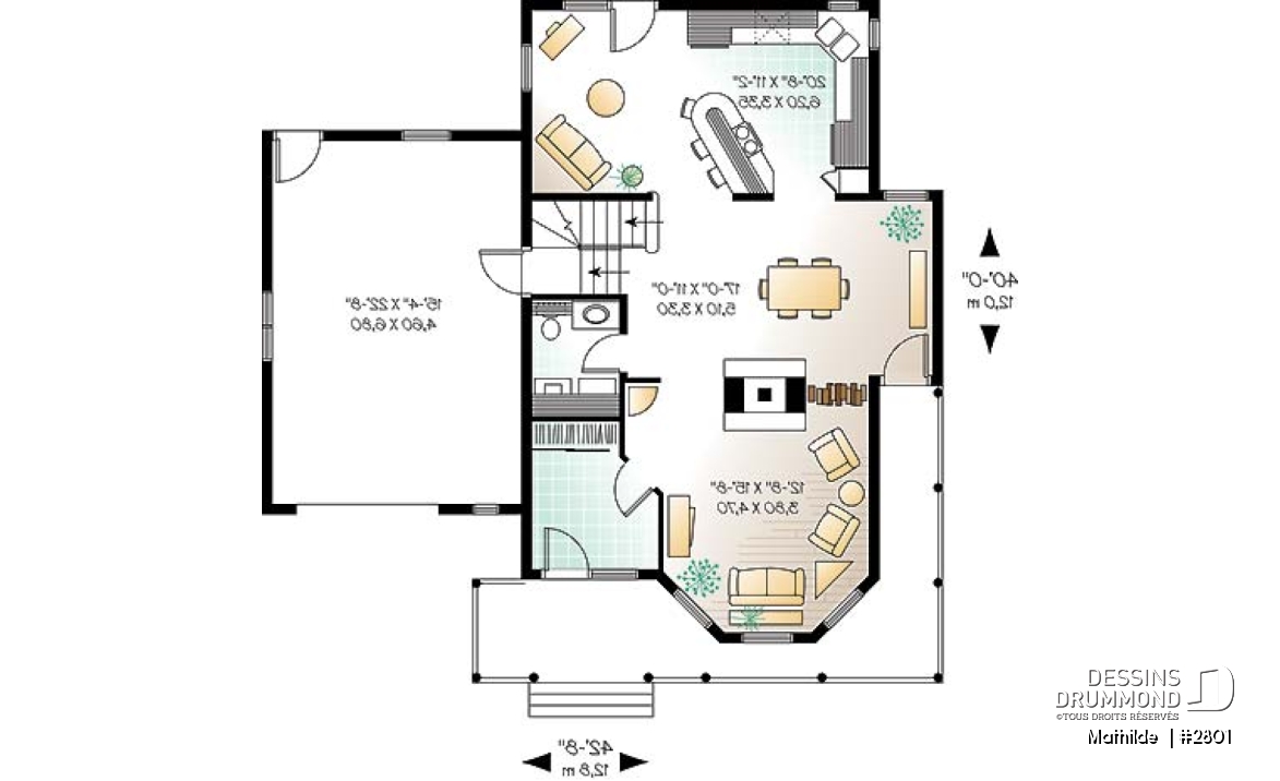 Rez-de-chaussée - Plan de maison victorienne 3 chambres, foyer deux faces, garage avec grand espace boni au-dessus  - Mathilde 